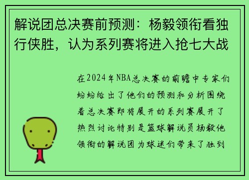 解说团总决赛前预测：杨毅领衔看独行侠胜，认为系列赛将进入抢七大战