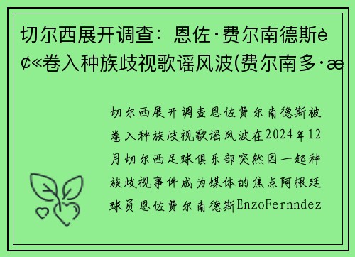 切尔西展开调查：恩佐·费尔南德斯被卷入种族歧视歌谣风波(费尔南多·恩里克)