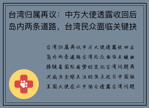 台湾归属再议：中方大使透露收回后岛内两条道路，台湾民众面临关键抉择