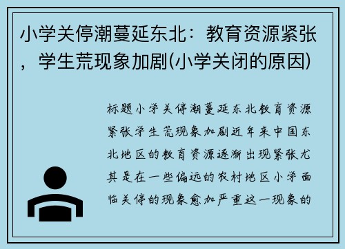 小学关停潮蔓延东北：教育资源紧张，学生荒现象加剧(小学关闭的原因)