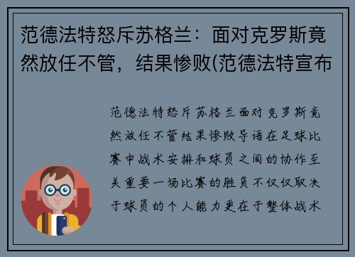 范德法特怒斥苏格兰：面对克罗斯竟然放任不管，结果惨败(范德法特宣布退役)
