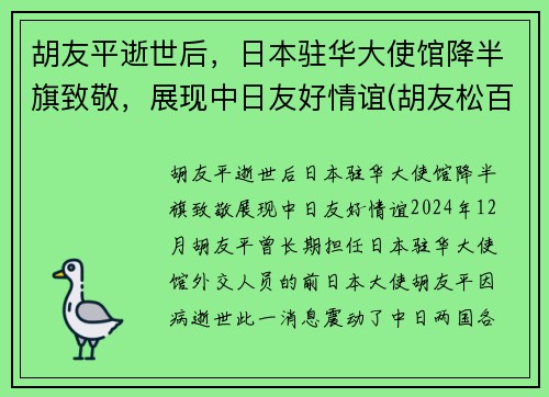 胡友平逝世后，日本驻华大使馆降半旗致敬，展现中日友好情谊(胡友松百科)