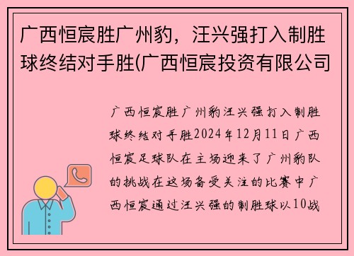 广西恒宸胜广州豹，汪兴强打入制胜球终结对手胜(广西恒宸投资有限公司开发楼盘)