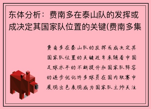 东体分析：费南多在泰山队的发挥或成决定其国家队位置的关键(费南多集锦)