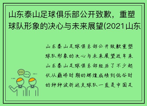 山东泰山足球俱乐部公开致歉，重塑球队形象的决心与未来展望(2021山东泰山足球俱乐部阵容)