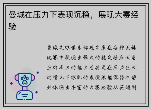 曼城在压力下表现沉稳，展现大赛经验