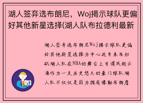 湖人签弃选布朗尼，Woj揭示球队更偏好其他新星选择(湖人队布拉德利最新消息)
