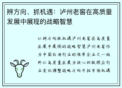 辨方向、抓机遇：泸州老窖在高质量发展中展现的战略智慧