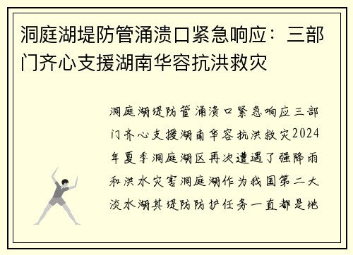 洞庭湖堤防管涌溃口紧急响应：三部门齐心支援湖南华容抗洪救灾