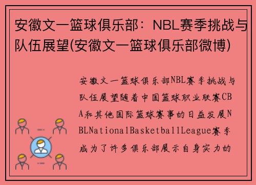 安徽文一篮球俱乐部：NBL赛季挑战与队伍展望(安徽文一篮球俱乐部微博)